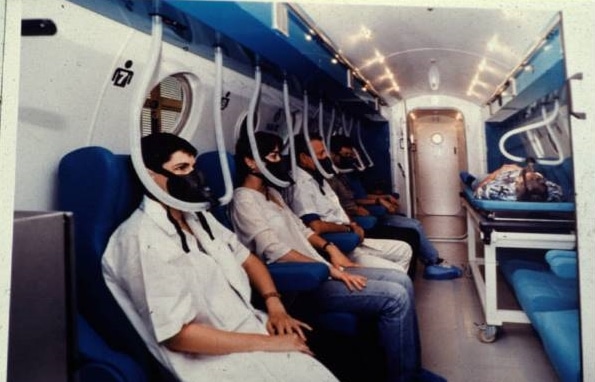 A multiplace walk-in hyperbaric chamber.